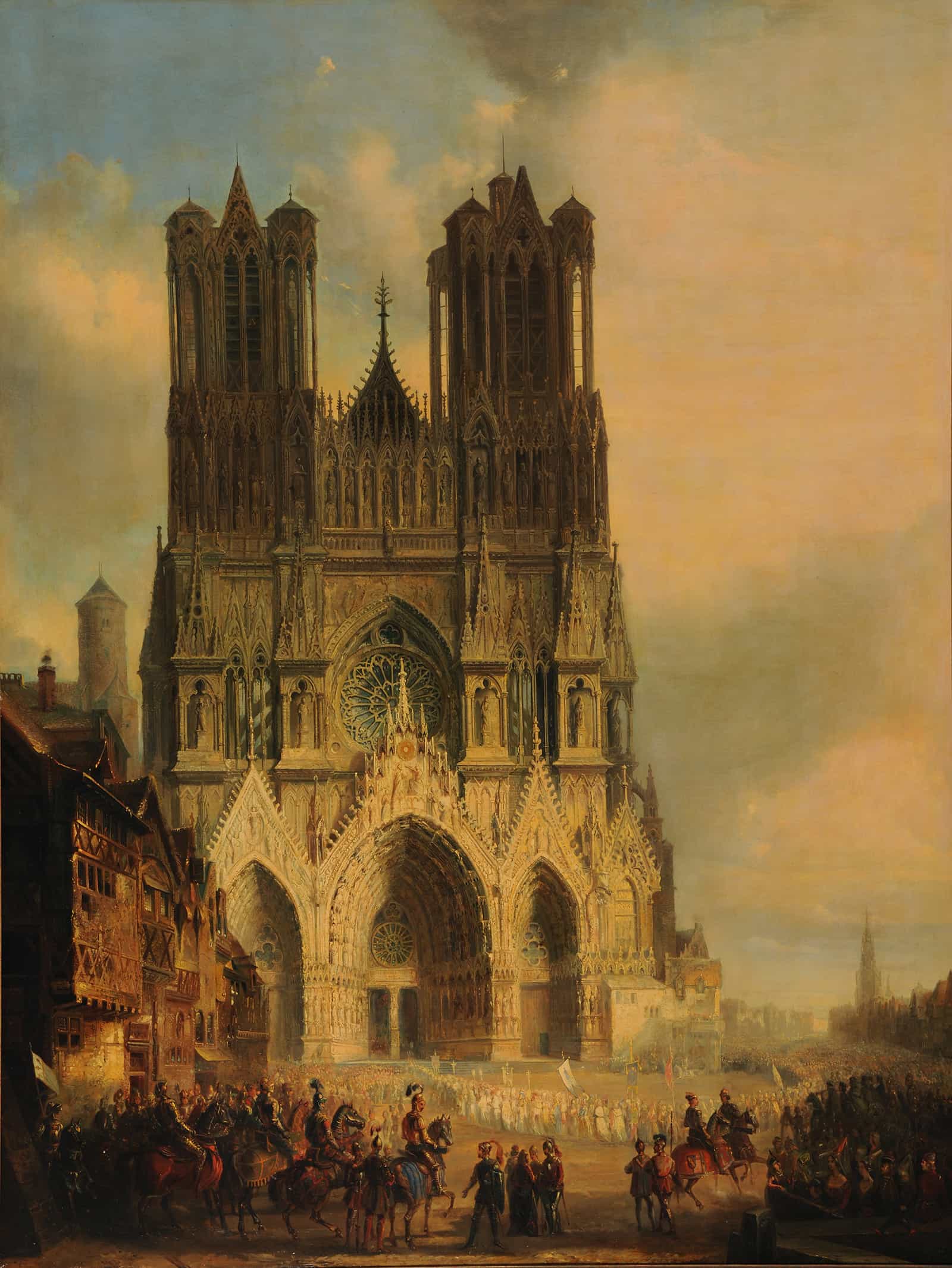 La Facade De La Cathedrale De Reims Avec Une Procession Medievale Et Un Cortege Au Premier Plan by David Roberts