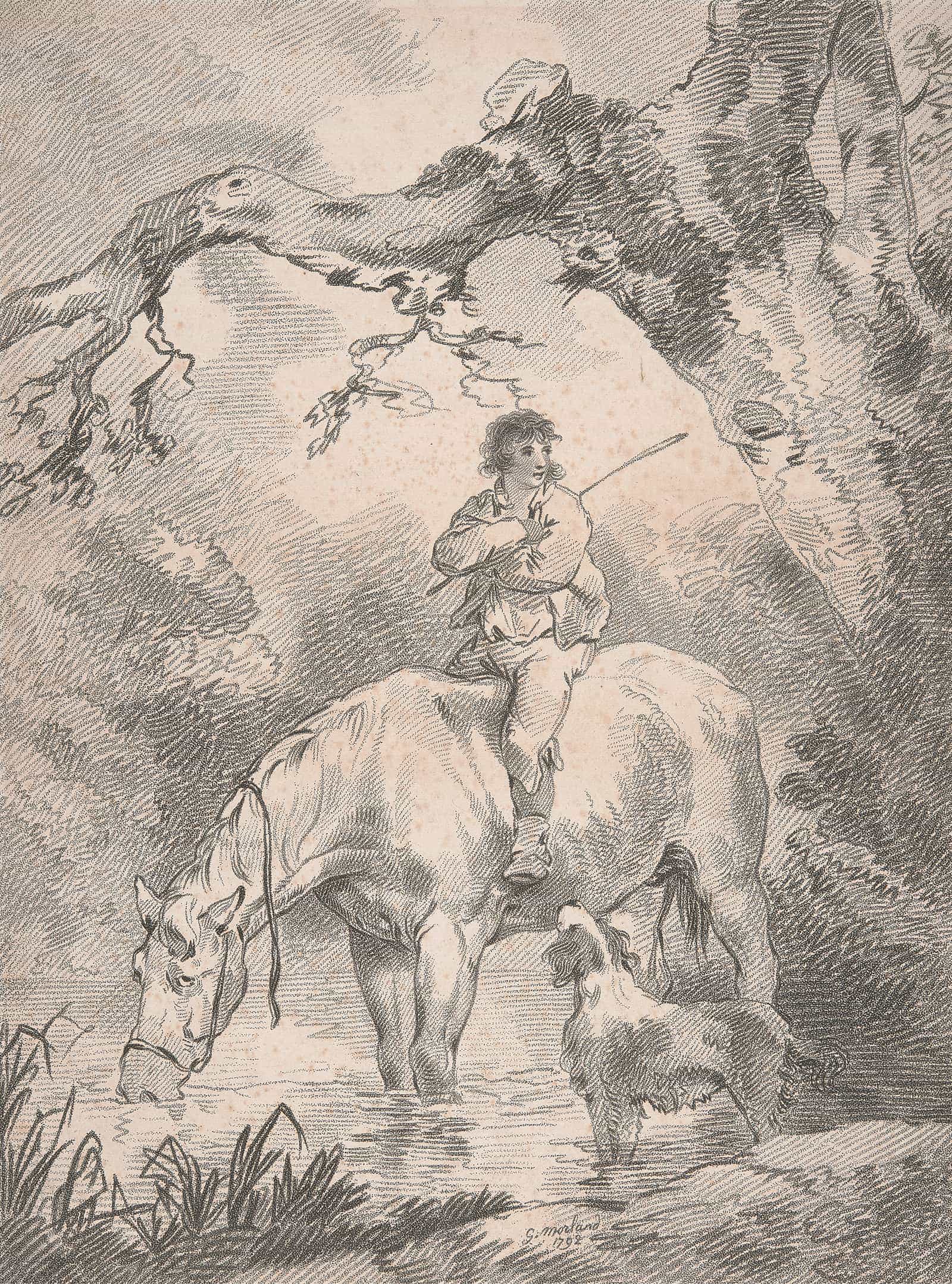 Lad Astride A Horse In A Stream by George Morland