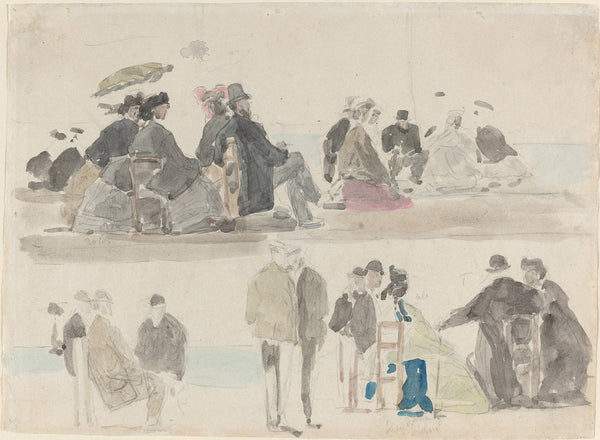 Ladies And Gentlemen On The Beach In Two Registers by Eugene Boudin