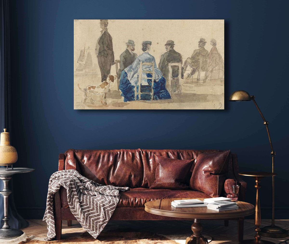 Ladies And Gentlemen Seated On The Beach With A Dog by Eugene Boudin