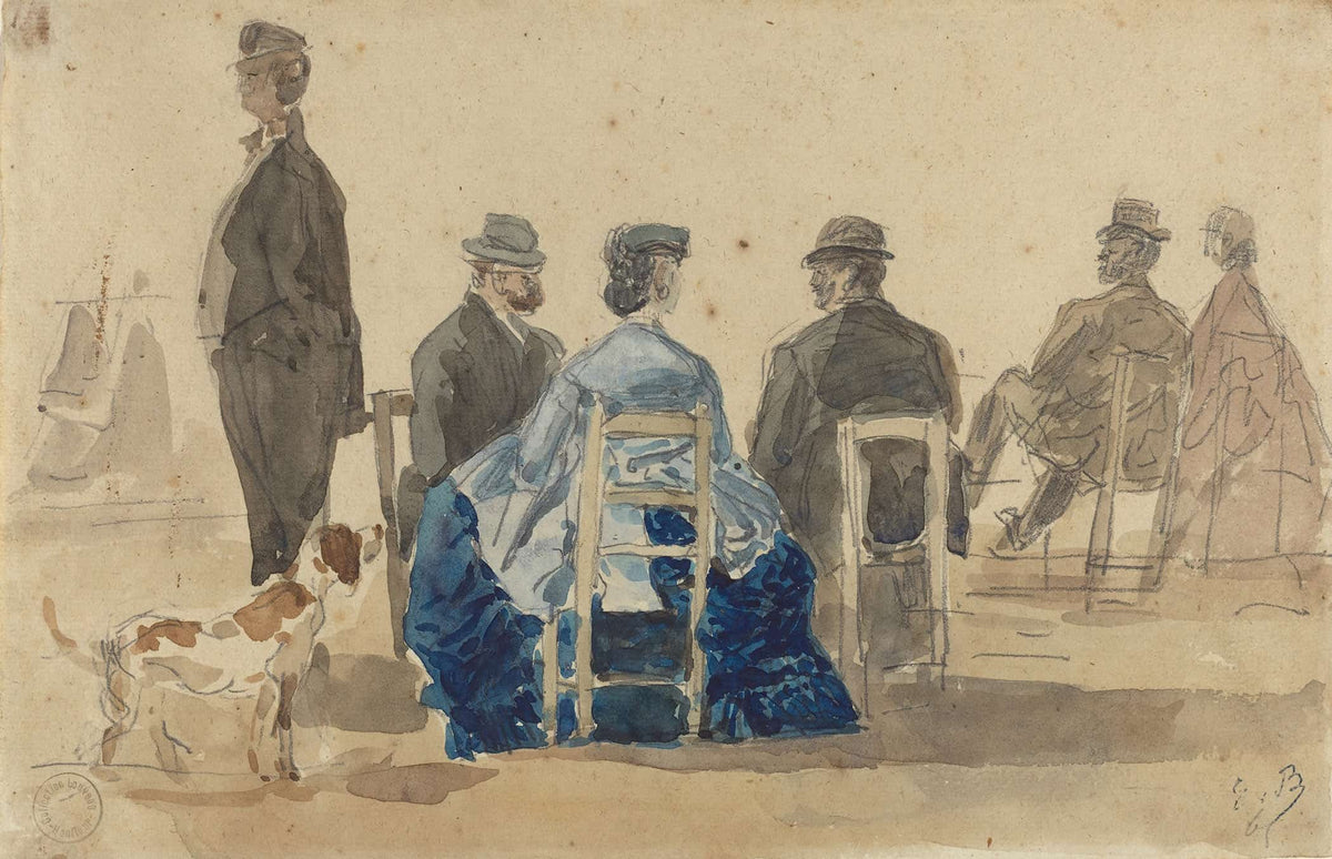 Ladies And Gentlemen Seated On The Beach With A Dog by Eugene Boudin