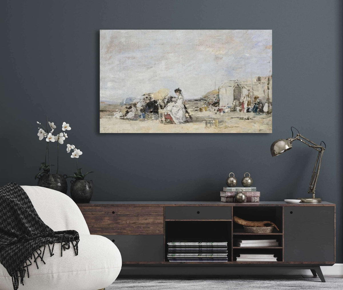 Lady In White On The Beach At Trouville by Eugene Boudin