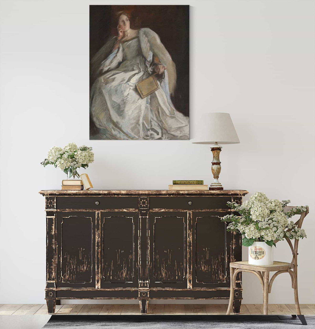 Lady In White Seated Right Hand To Chin Holding Fan by Edwin Austin Abbey