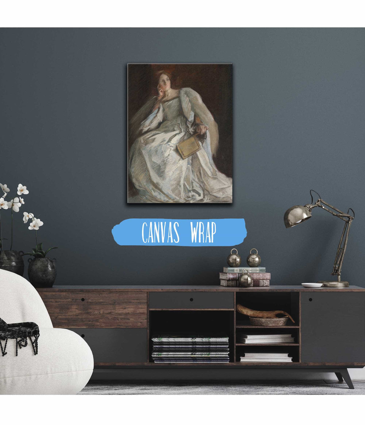 Lady In White Seated Right Hand To Chin Holding Fan by Edwin Austin Abbey