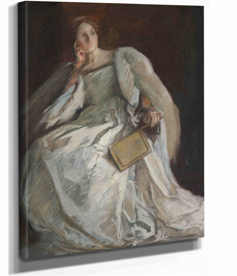 Lady In White Seated Right Hand To Chin Holding Fan by Edwin Austin Abbey