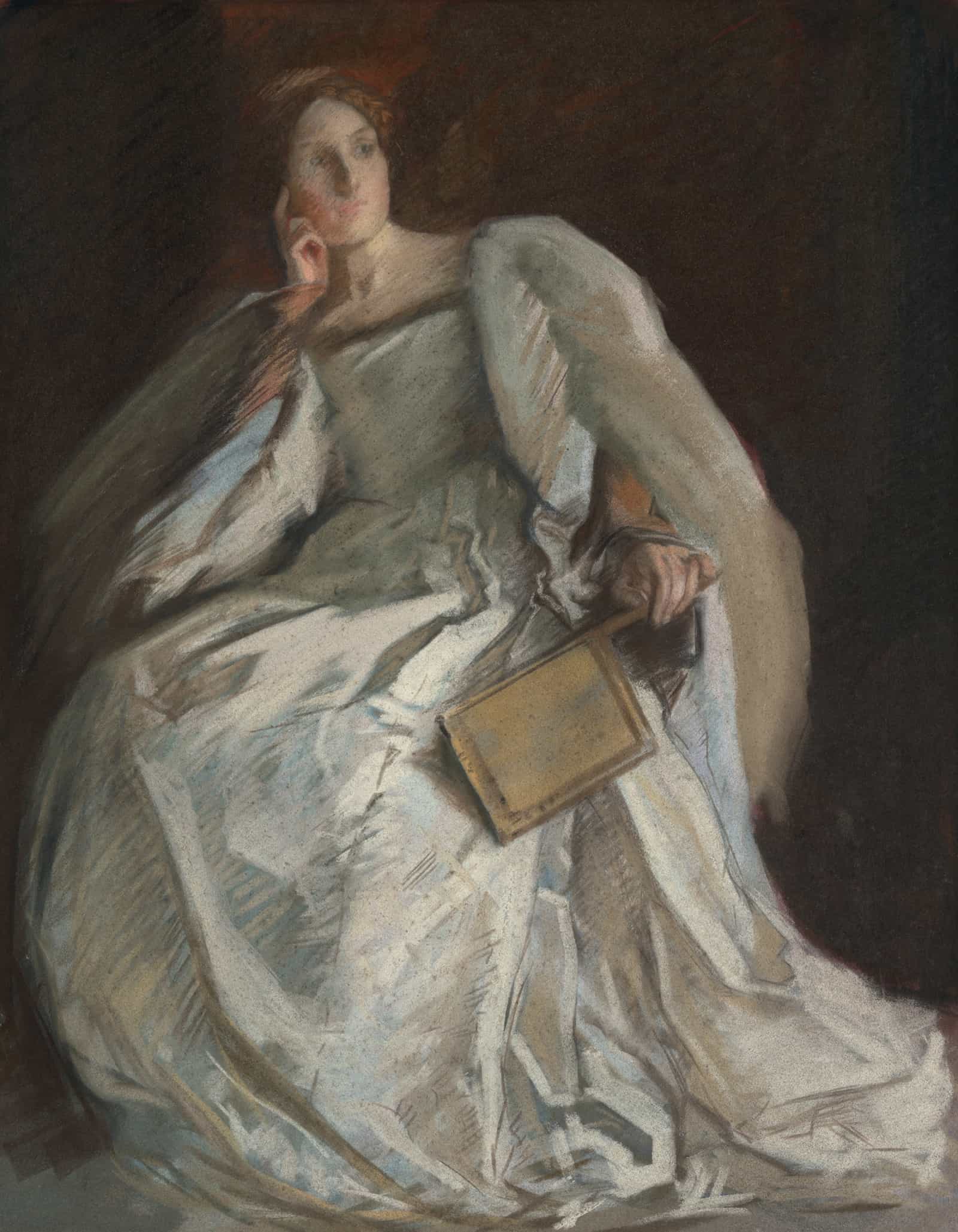 Lady In White Seated Right Hand To Chin Holding Fan by Edwin Austin Abbey