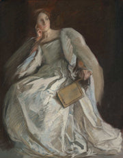 Lady In White Seated Right Hand To Chin Holding Fan by Edwin Austin Abbey