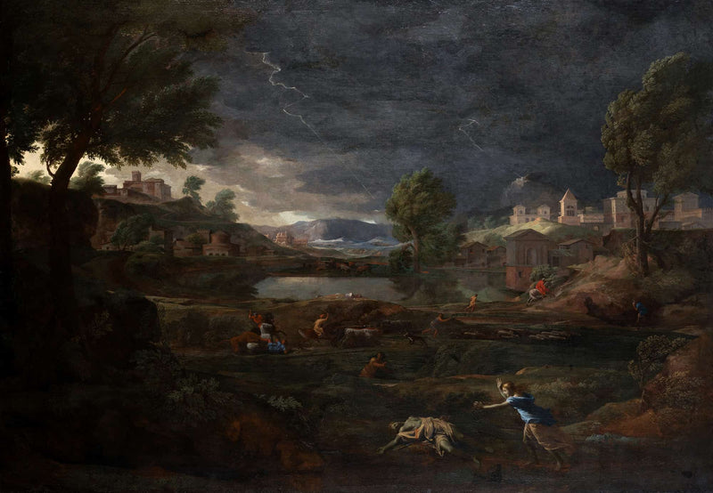 Landscape During A Thunderstorm With Pyramus And Thisbe by Nicolas Poussin
