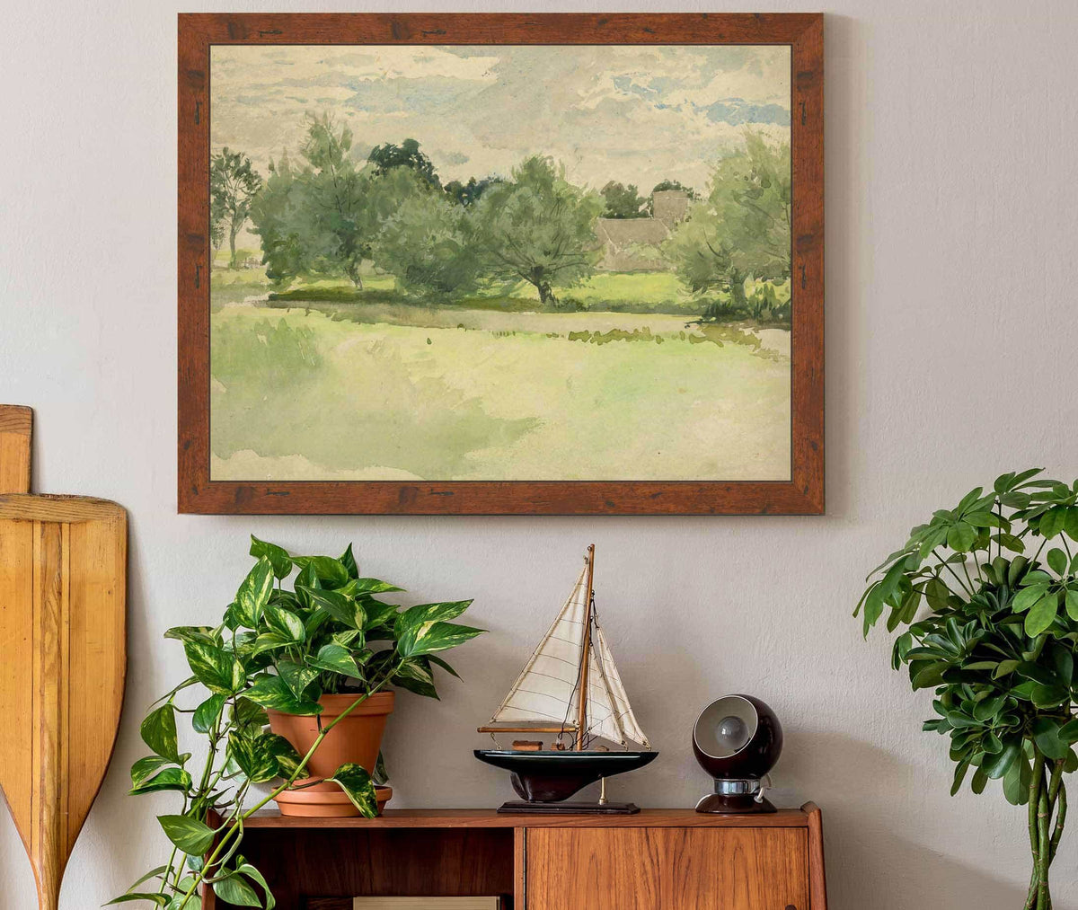 Landscape Meadow Church In Background by Edwin Austin Abbey