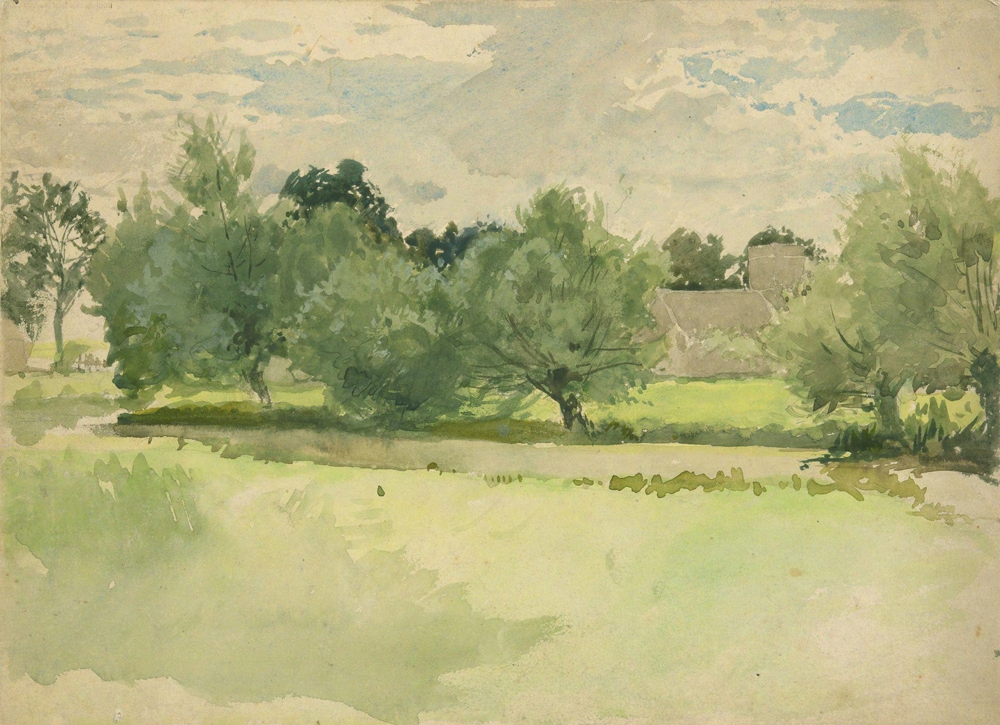 Landscape Meadow Church In Background by Edwin Austin Abbey