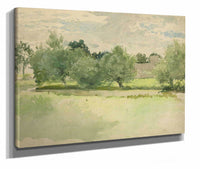 Landscape Meadow Church In Background by Edwin Austin Abbey