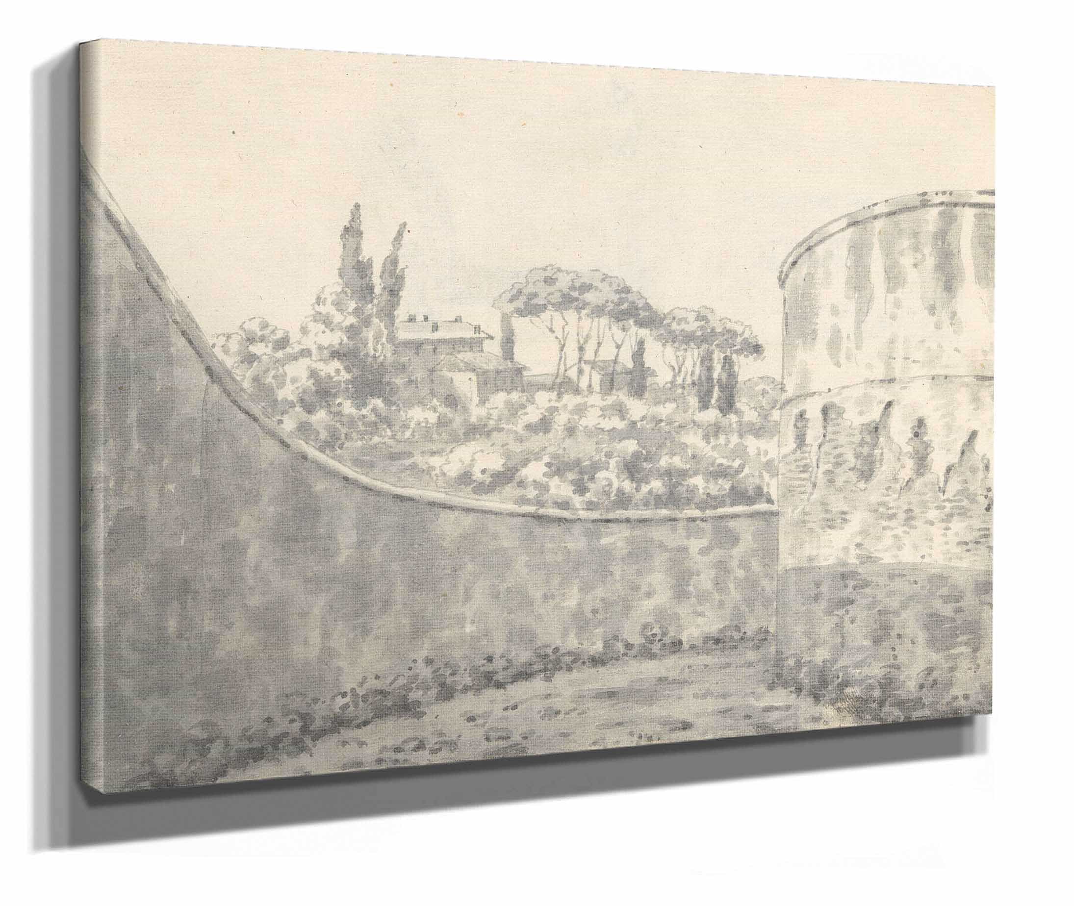 Landscape With A Curved Wall Round Tower And Distant Villa  by Joseph Wright Of Derby