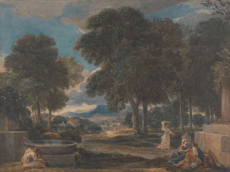 Landscape With A Man Washing His Feet At A Fountain After Poussin by David Cox