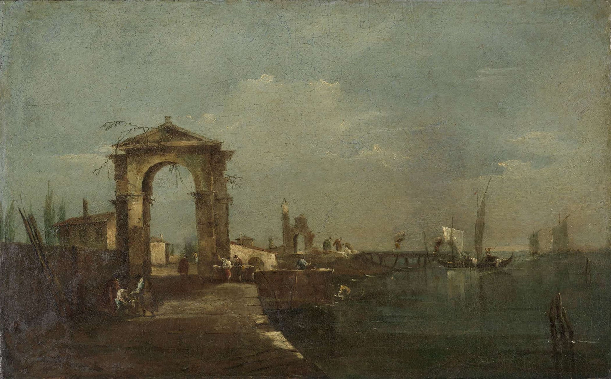Landscape With A Quay And Ships On A Lake  by Francesco Guardi