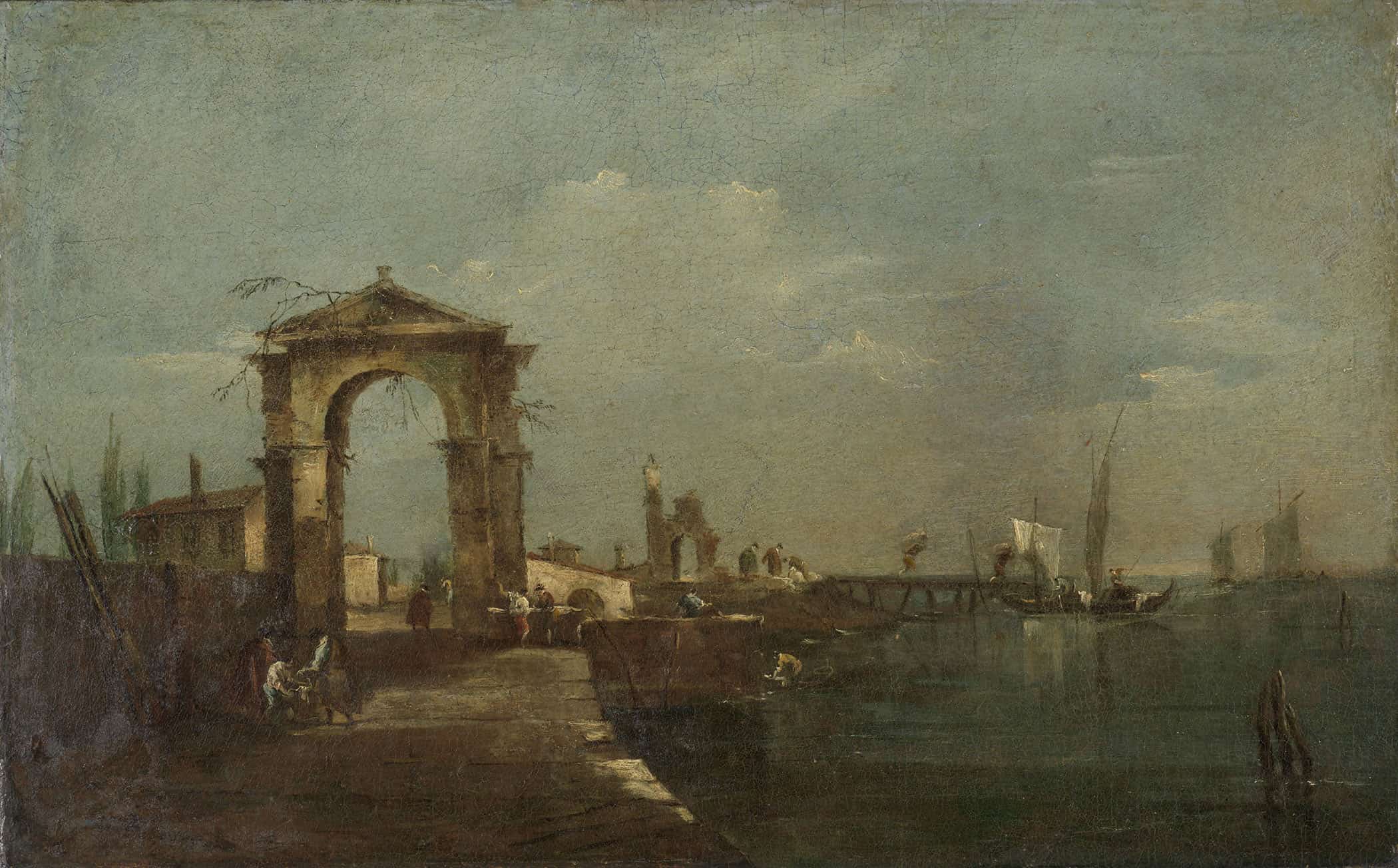 Landscape With A Quay And Ships On A Lake  by Francesco Guardi
