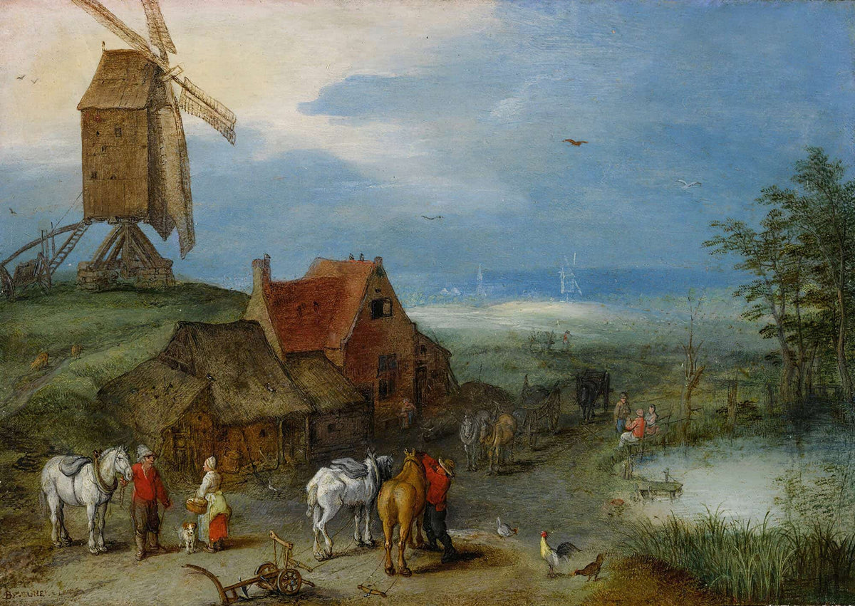 Landscape With A Windmill Various Figures Horses And Animals Near A Farmstead by Jan Brueghel The Elder