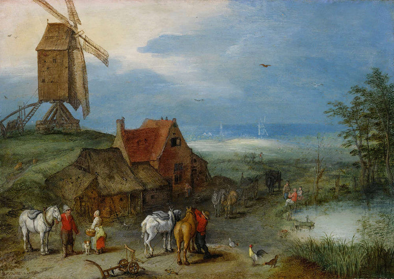 Landscape With A Windmill Various Figures Horses And Animals Near A Farmstead by Jan Brueghel The Elder