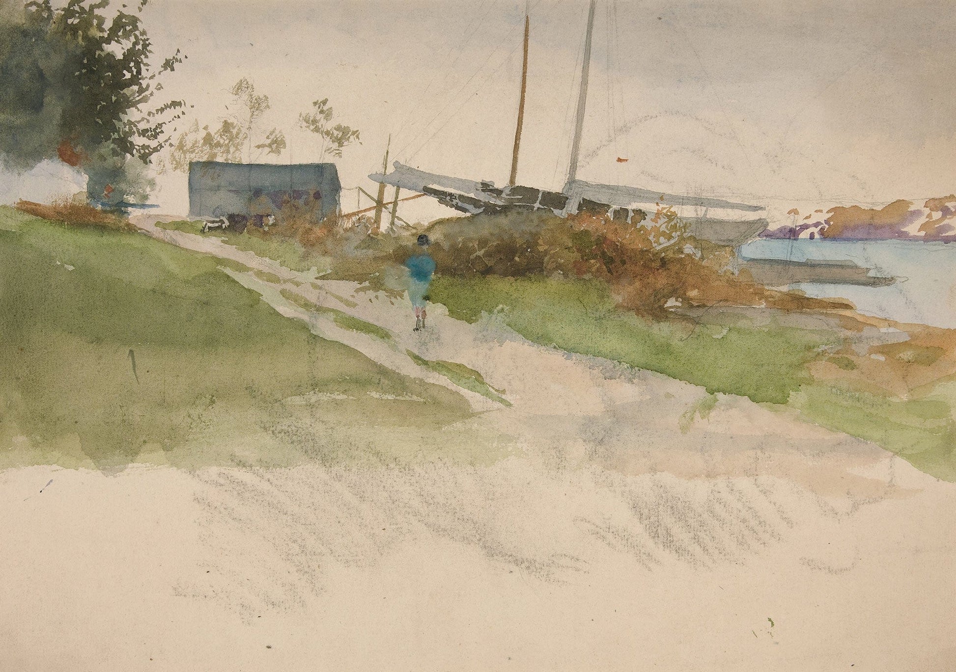 Landscape With Figure Walking Along A Path Water In Distance by Edwin Austin Abbey