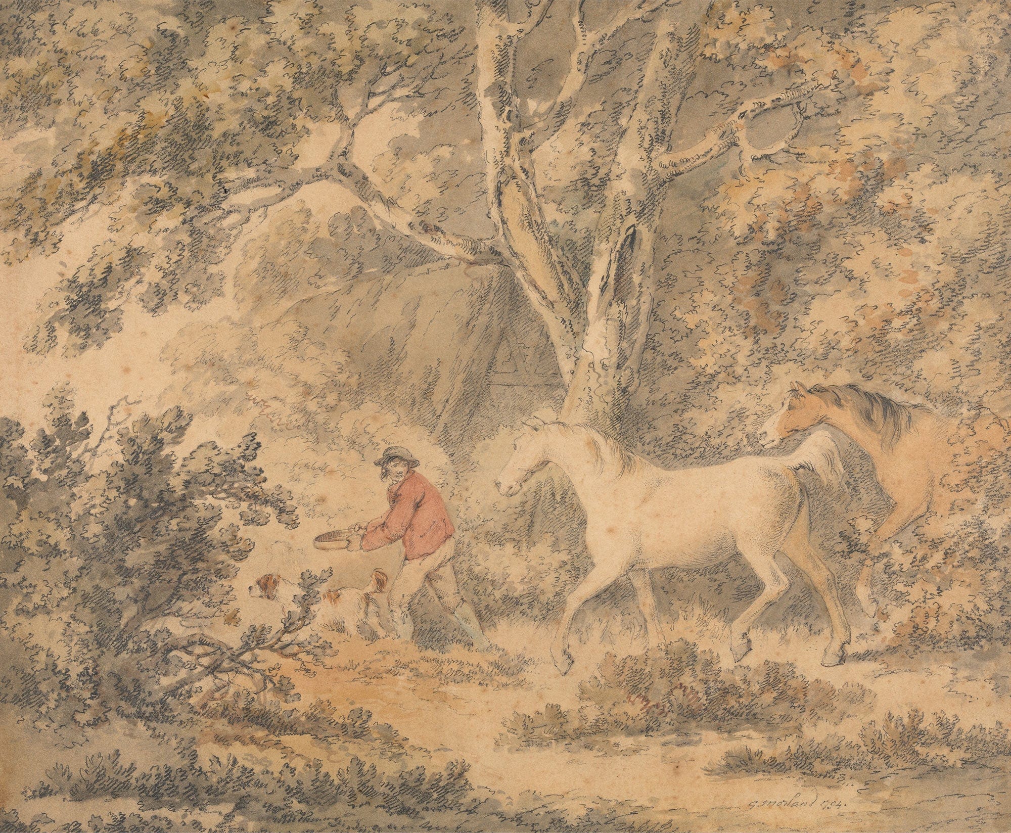 Landscape With Horses Farmer And Dog by George Morland