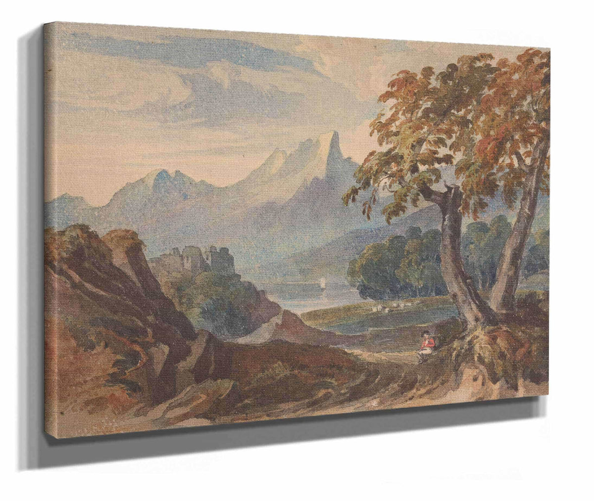 Landscape With Mountains Lake Castle Seated Figure In Foreground by Thomas Sully