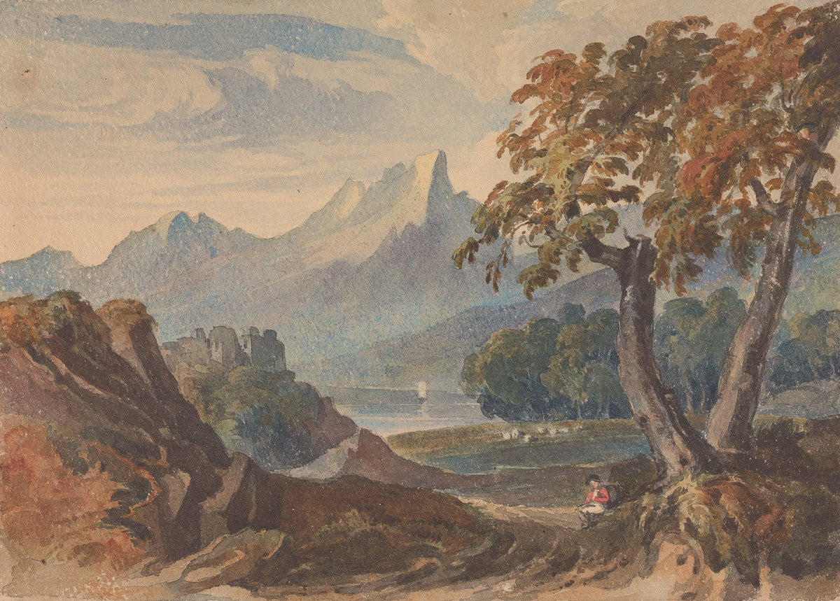 Landscape With Mountains Lake Castle Seated Figure In Foreground by Thomas Sully