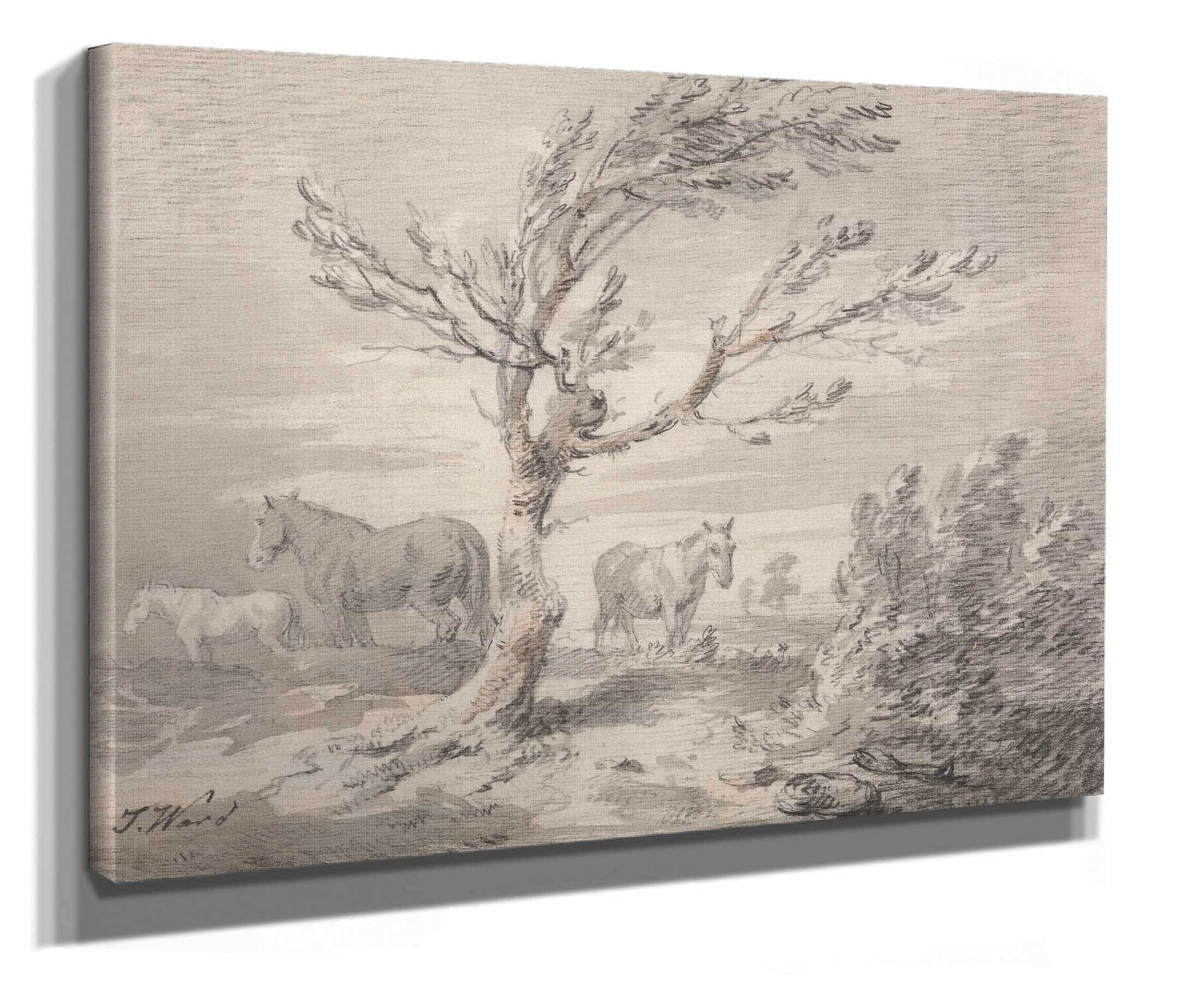 Landscape With Three Horses And A Tree In The Foreground by James Ward