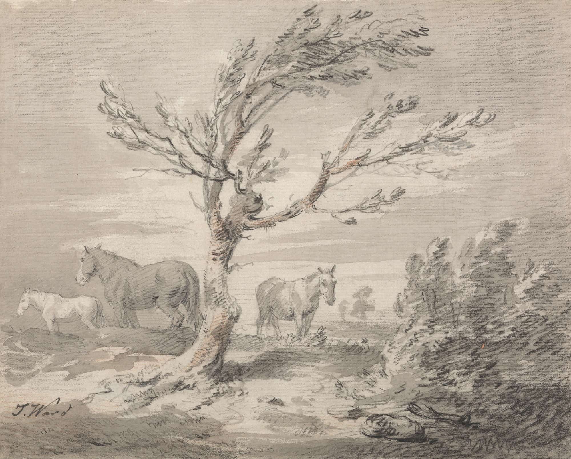 Landscape With Three Horses And A Tree In The Foreground by James Ward