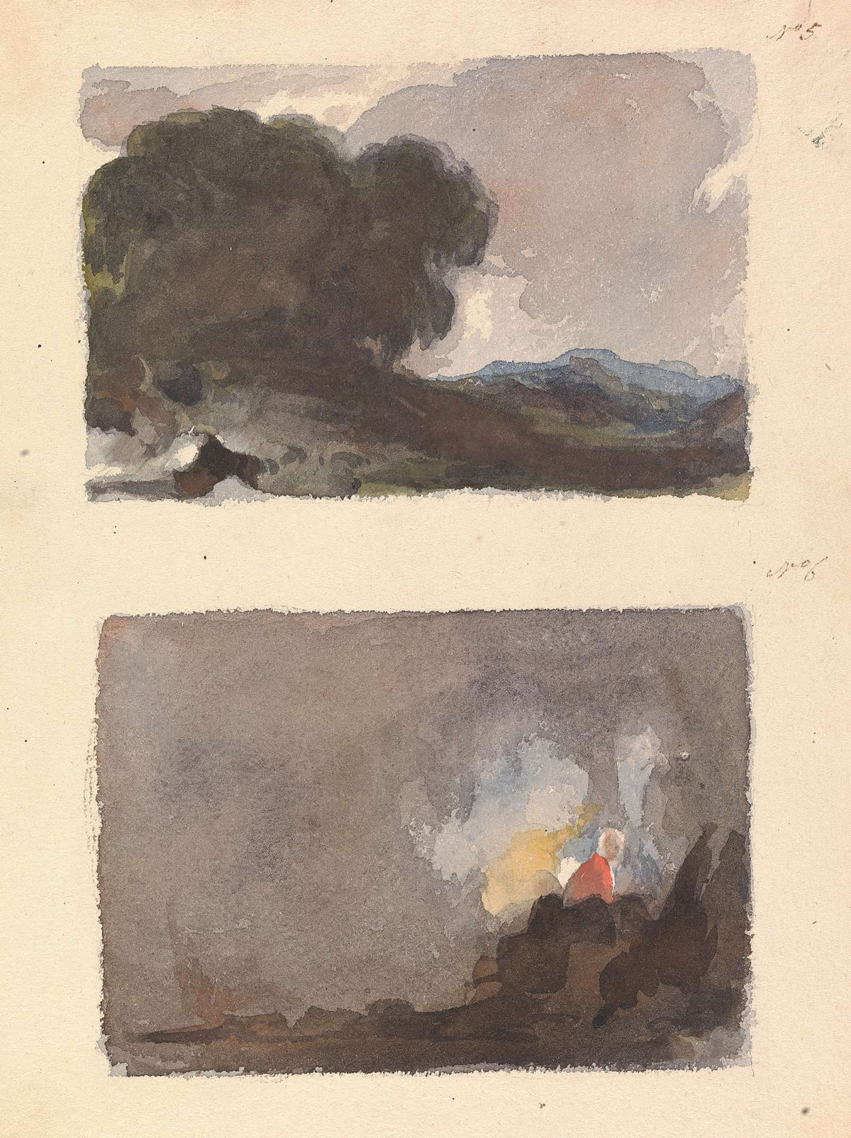 Landscape With Tree In Foreground And Mountains In Distance Figure In Interior Scene by Thomas Sully