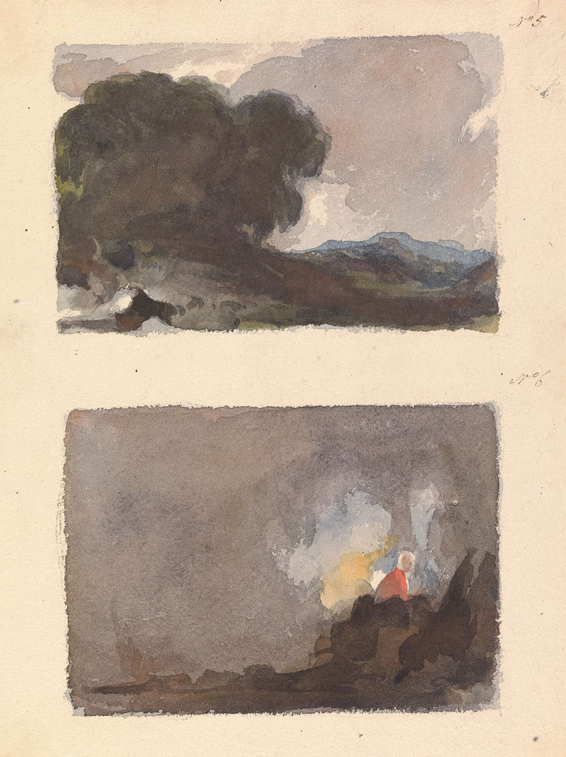 Landscape With Tree In Foreground And Mountains In Distance Figure In Interior Scene by Thomas Sully