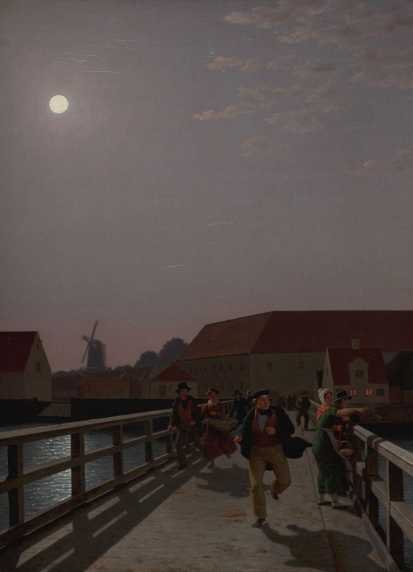 Langebro Copenhagen In The Moonlight With Running Figures by Christoffer Wilhelm Eckersberg