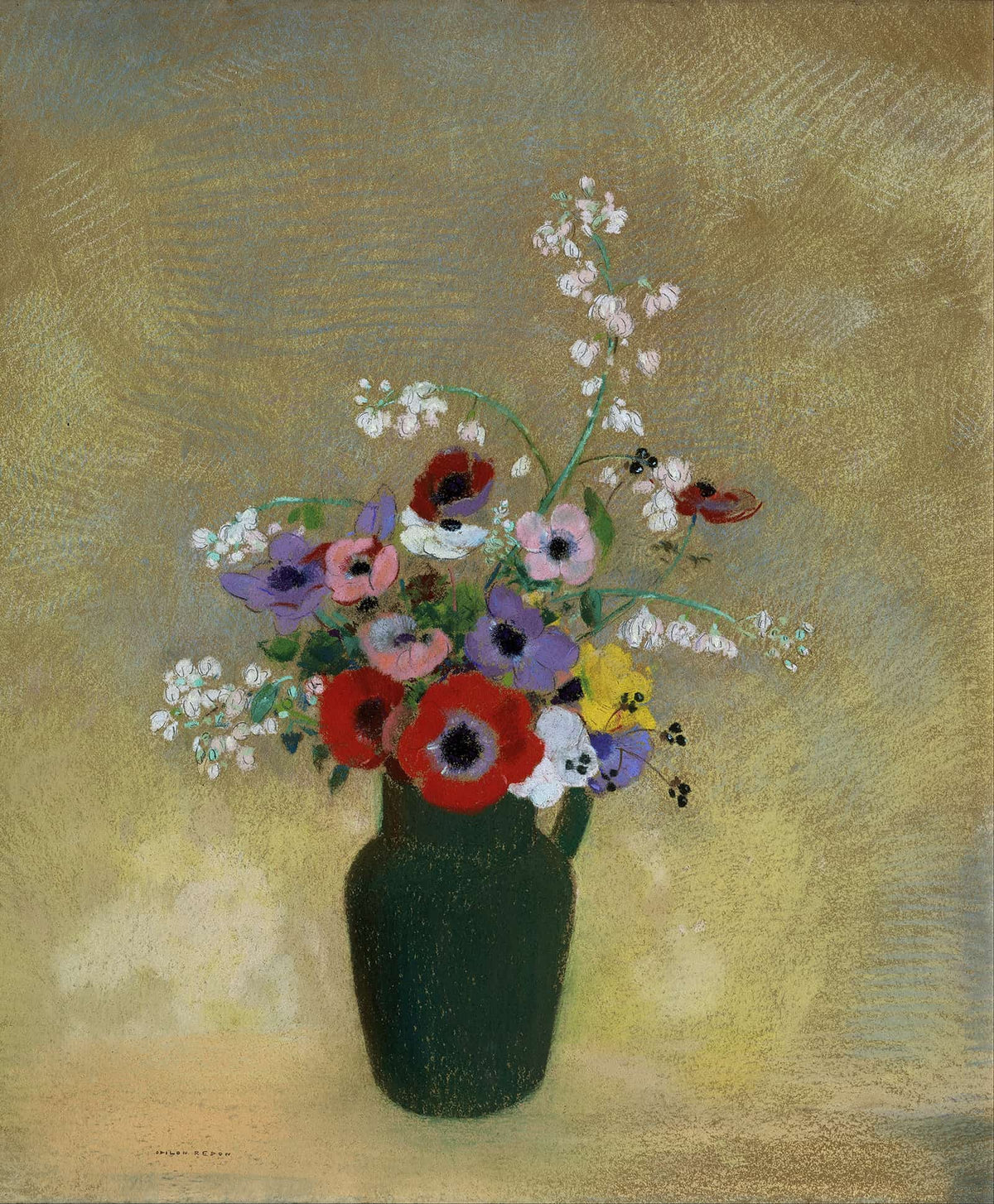 Large Green Vase With Mixed Flowers  by Odilon Redon