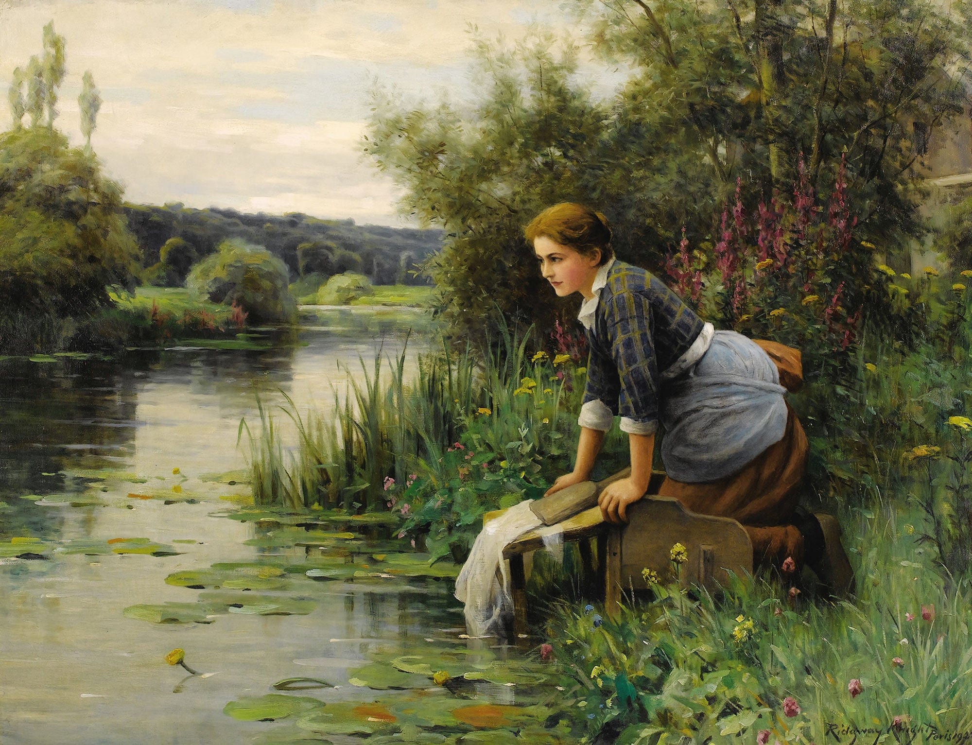 Laundress By The Waters Edge by Daniel Ridgway Knight