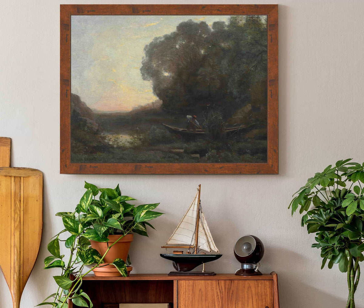 Le Batelier A La Rive Soleil Couchant by Jean Baptiste Camille Corot