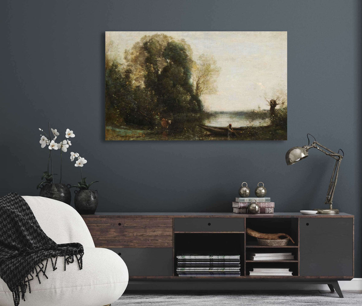 Le Pecheur En Barque A La Rive by Jean Baptiste Camille Corot