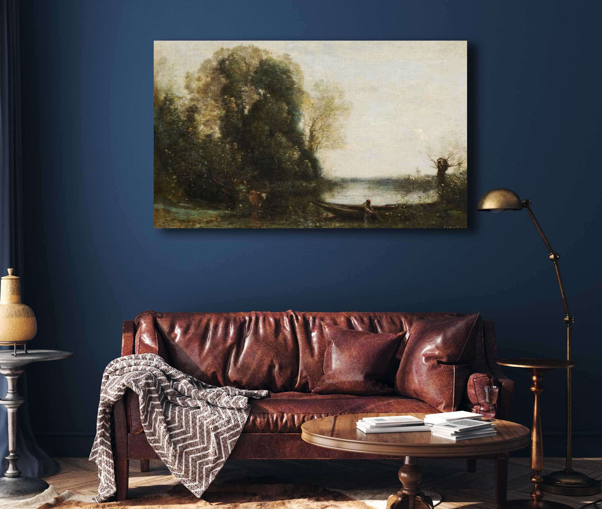 Le Pecheur En Barque A La Rive by Jean Baptiste Camille Corot