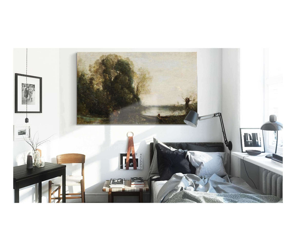 Le Pecheur En Barque A La Rive by Jean Baptiste Camille Corot