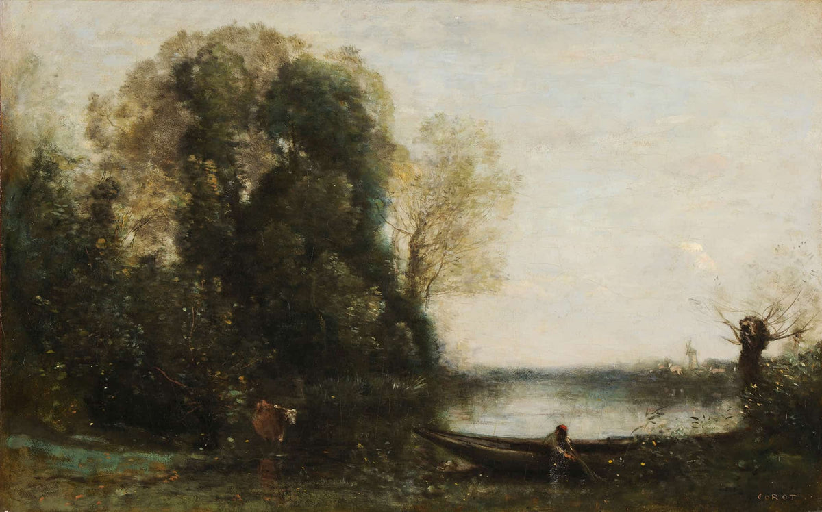 Le Pecheur En Barque A La Rive by Jean Baptiste Camille Corot