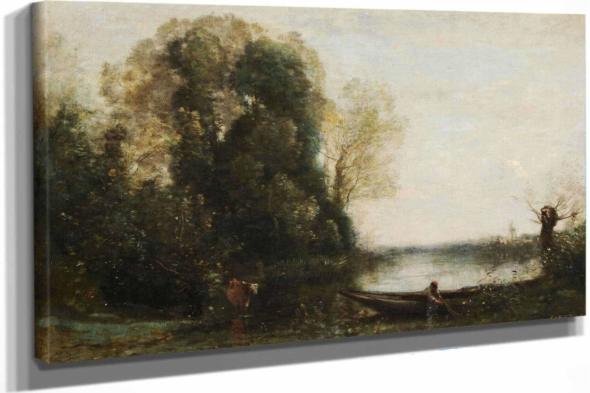 Le Pecheur En Barque A La Rive by Jean Baptiste Camille Corot