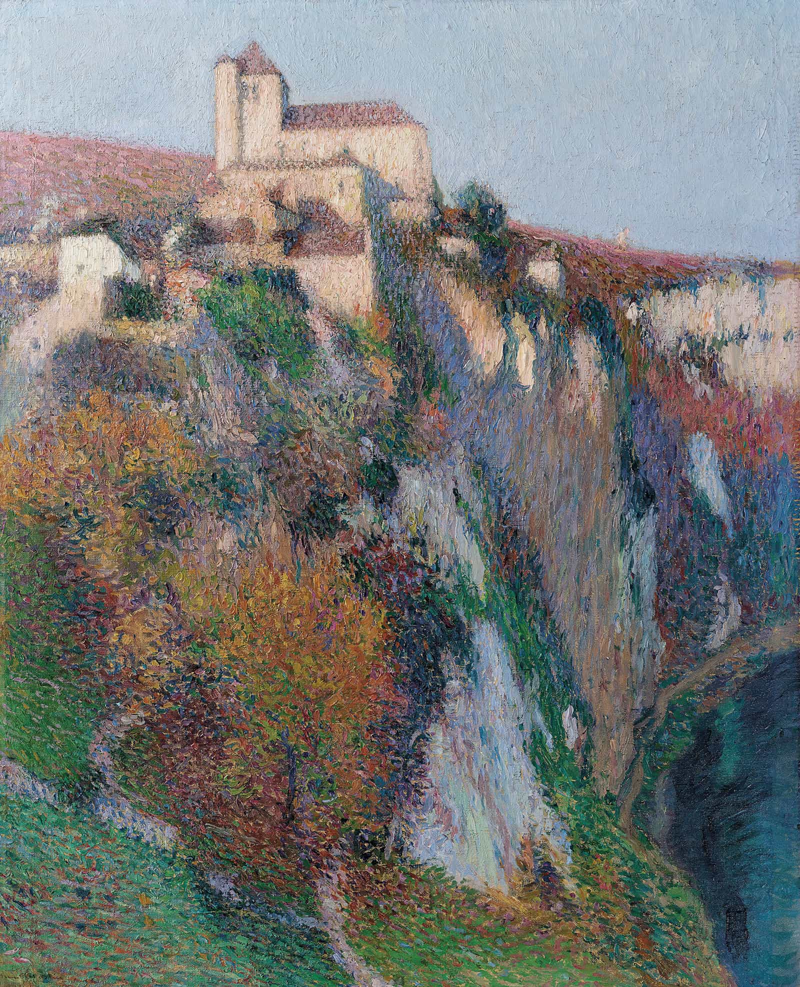 Leglise Saint Cirq Lapopie Perchee Sur La Falaise De La Boucle Du Lot Ciel Bleu by Henri Martin
