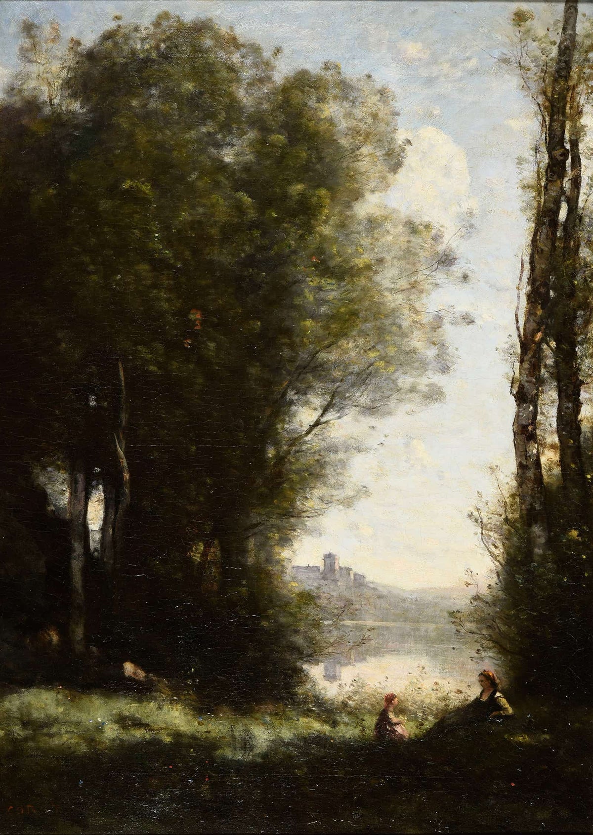 Les Deux Soeurs Sous Les Arbres Au Bord Du Lac by Jean Baptiste Camille Corot