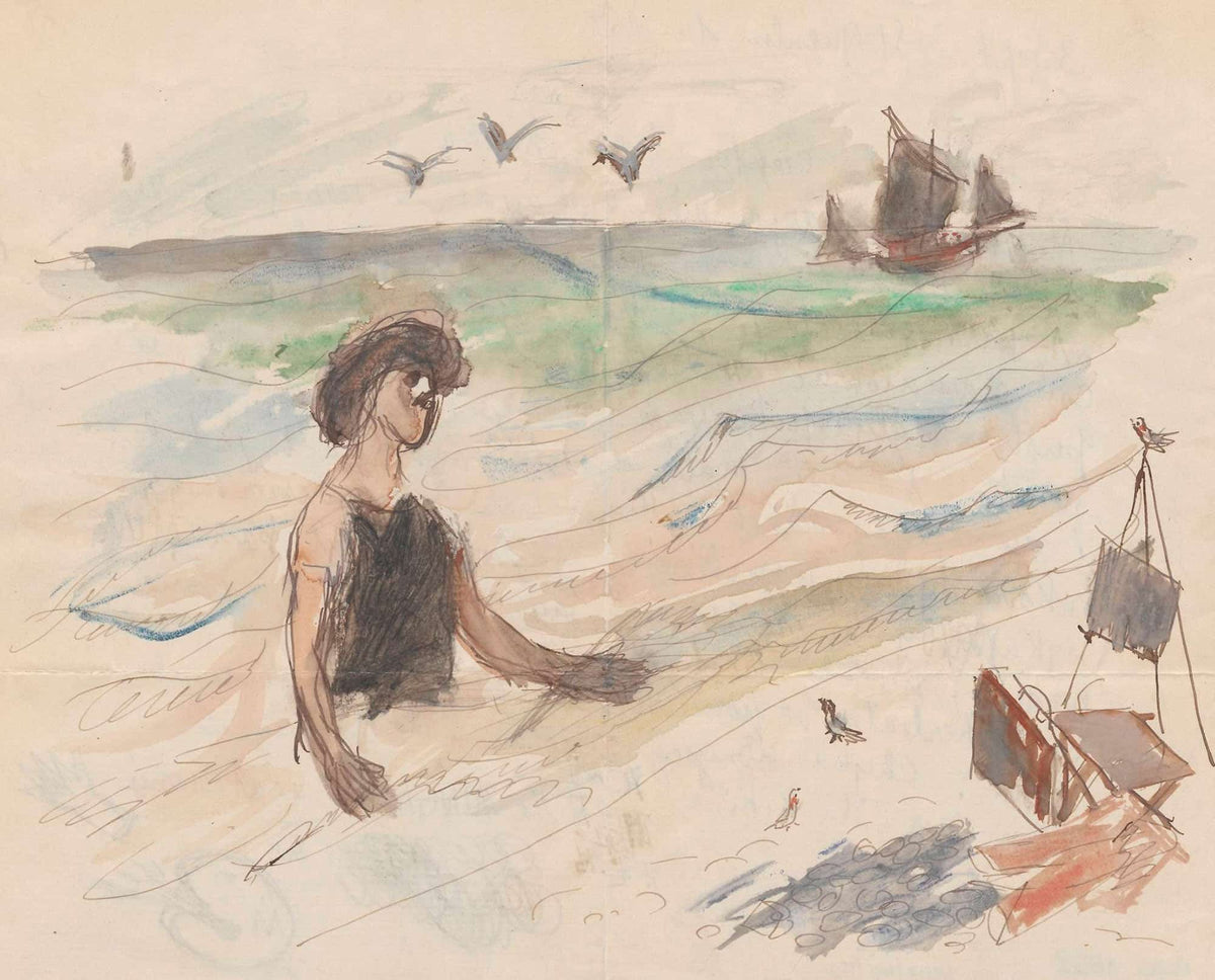 Letter To Maria Mickiewiczowna With A Drawing Self Portrait Of The Artist Bathing In The by Tadeusz Makowski