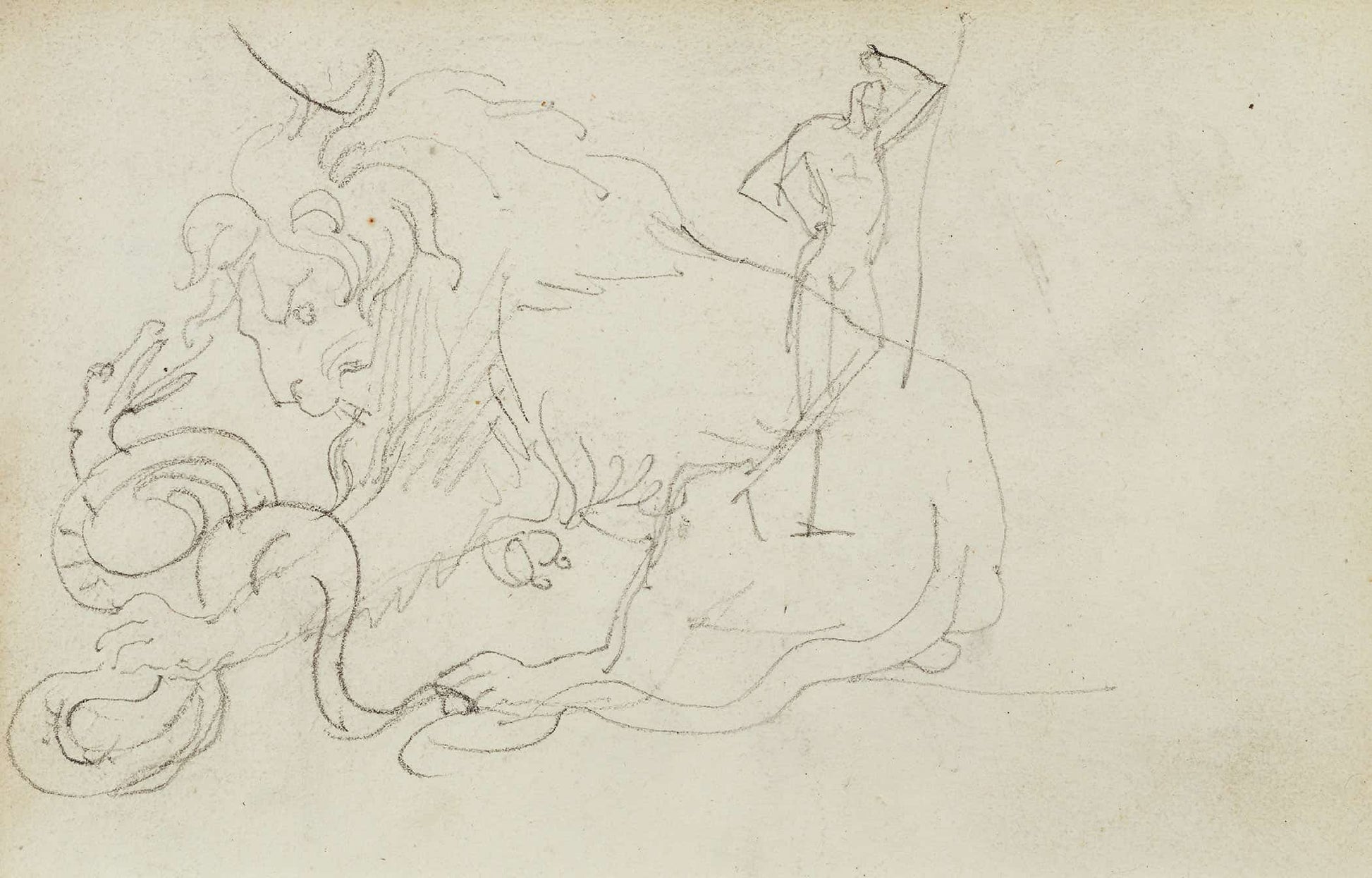 Lion Attacking A Snake Over Nude Figure Study   by Theodore Gericault