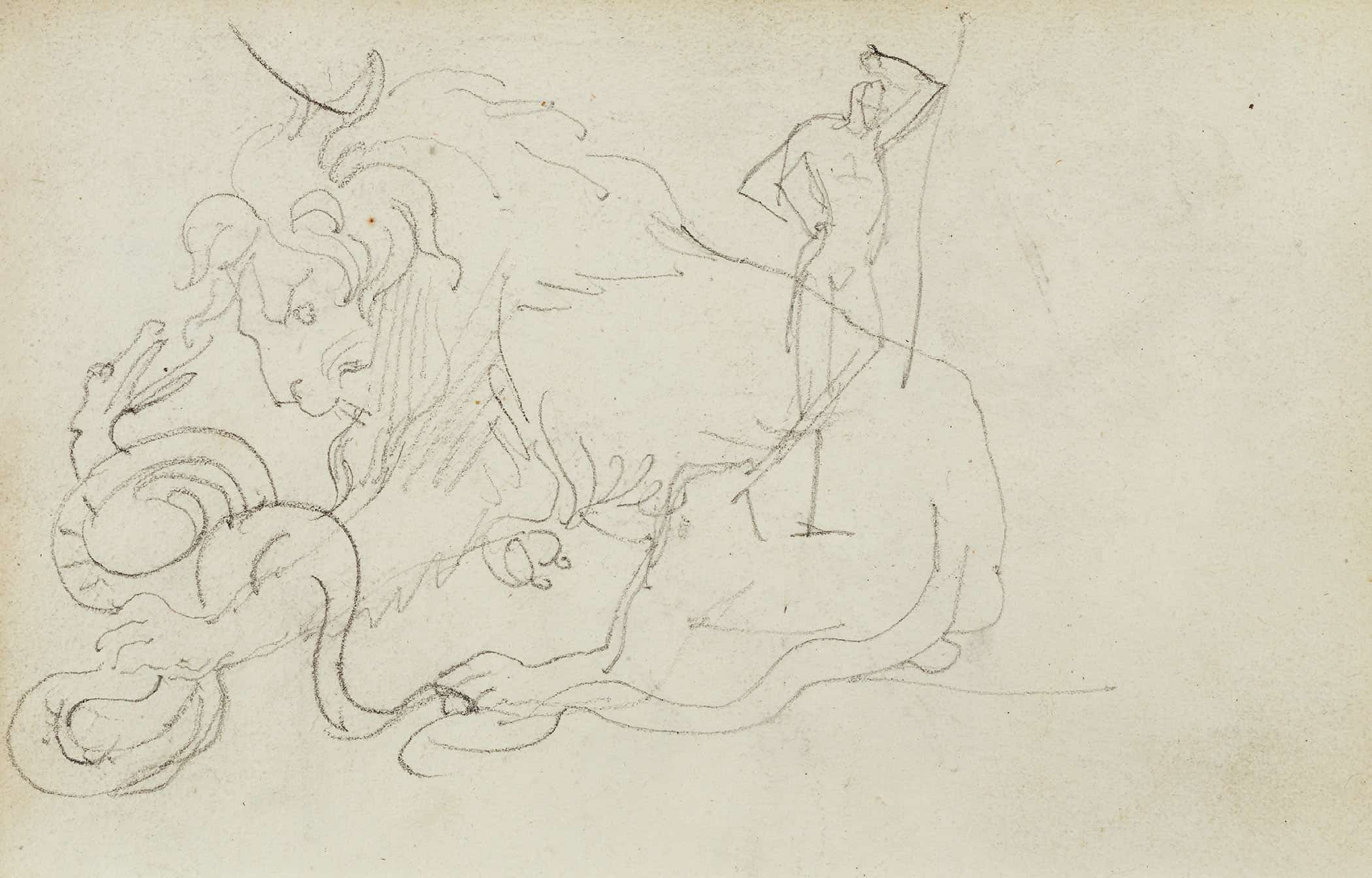 Lion Attacking A Snake Over Nude Figure Study   by Theodore Gericault