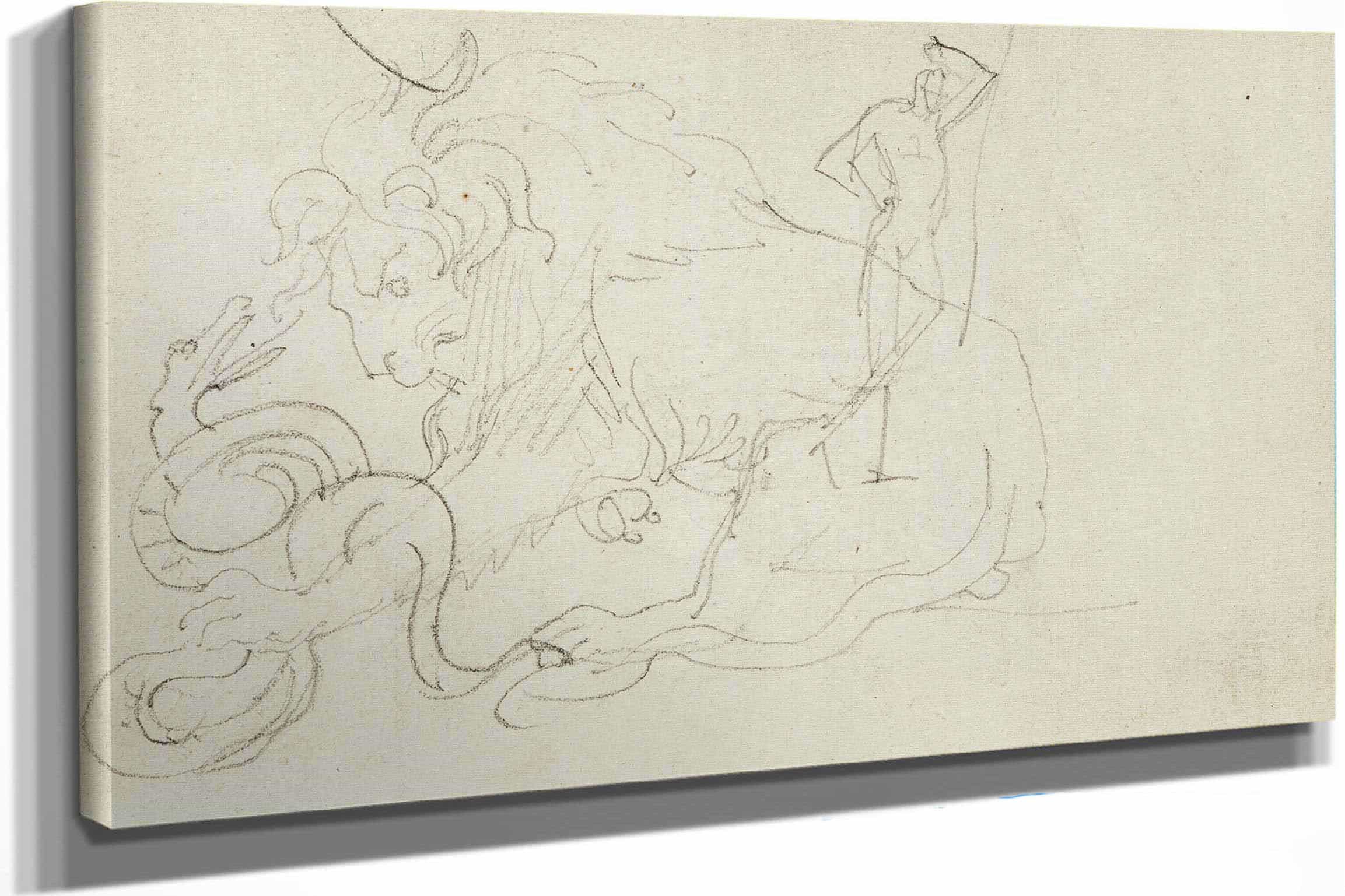 Lion Attacking A Snake Over Nude Figure Study   by Theodore Gericault