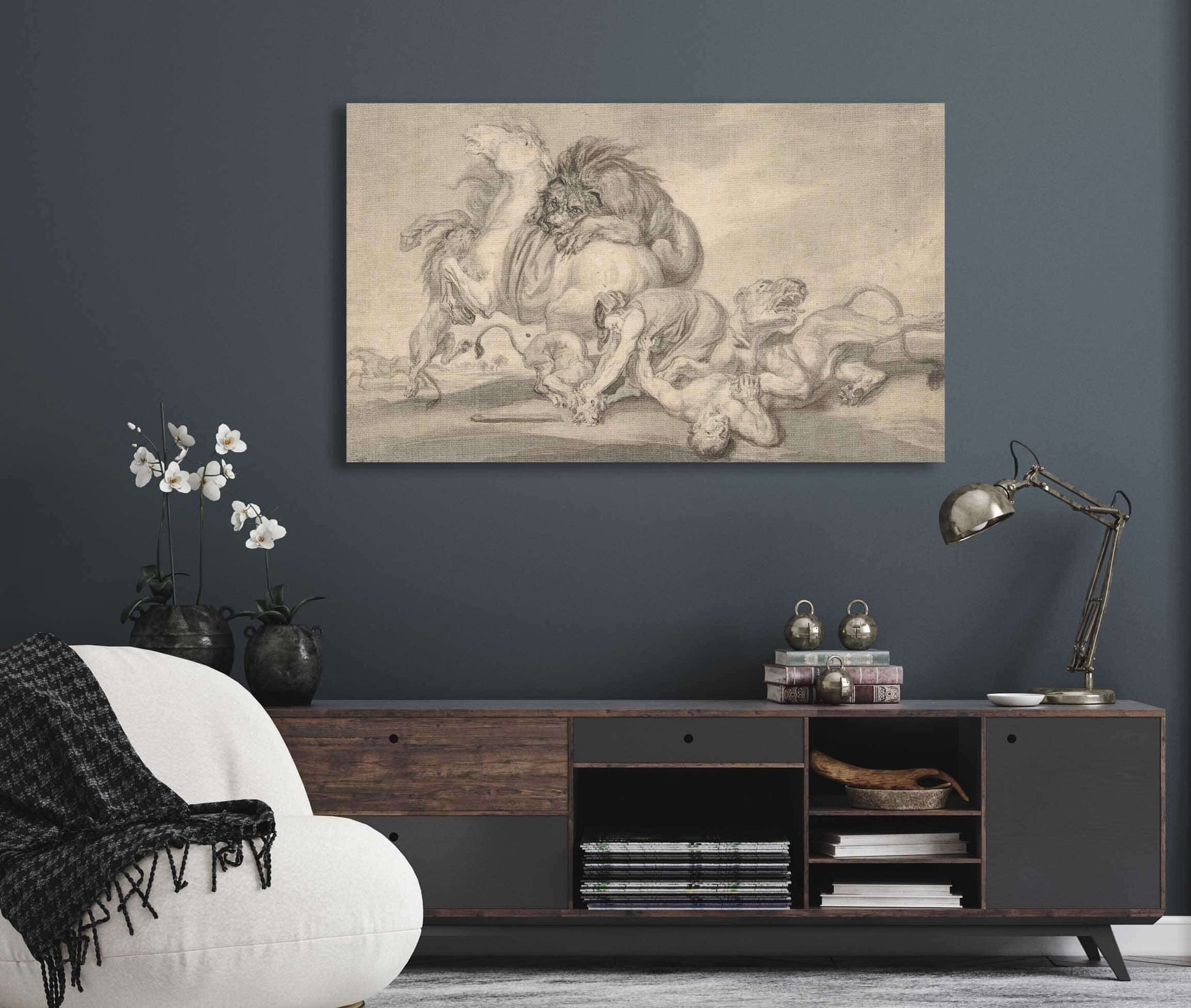 Lions Attacking Two Men And A Horse   by James Ward