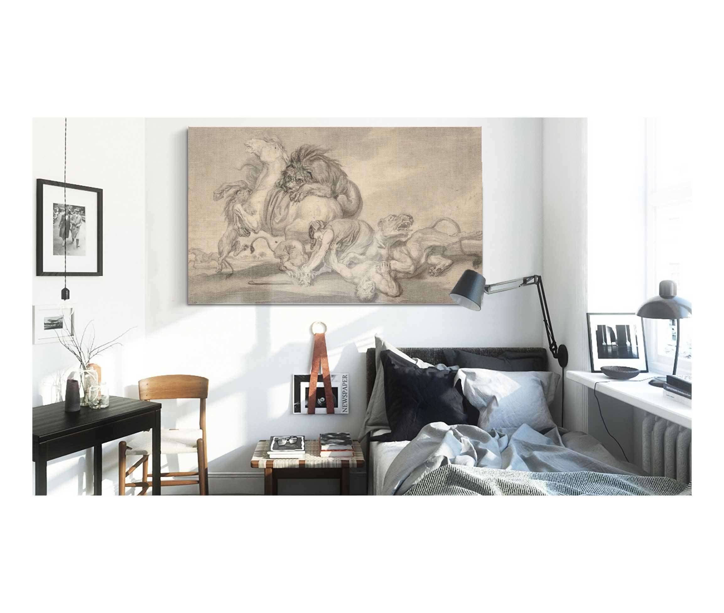 Lions Attacking Two Men And A Horse   by James Ward