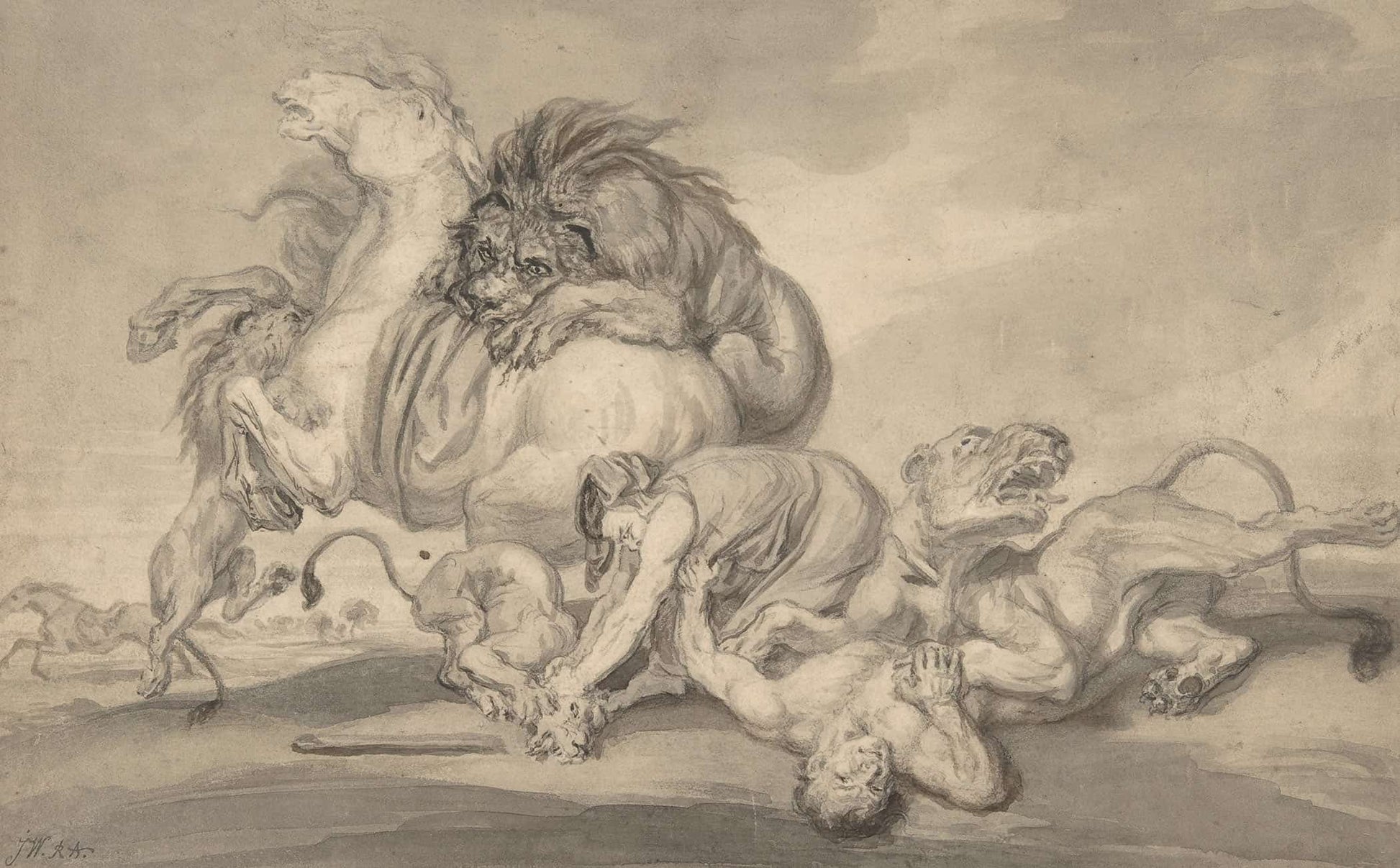 Lions Attacking Two Men And A Horse   by James Ward