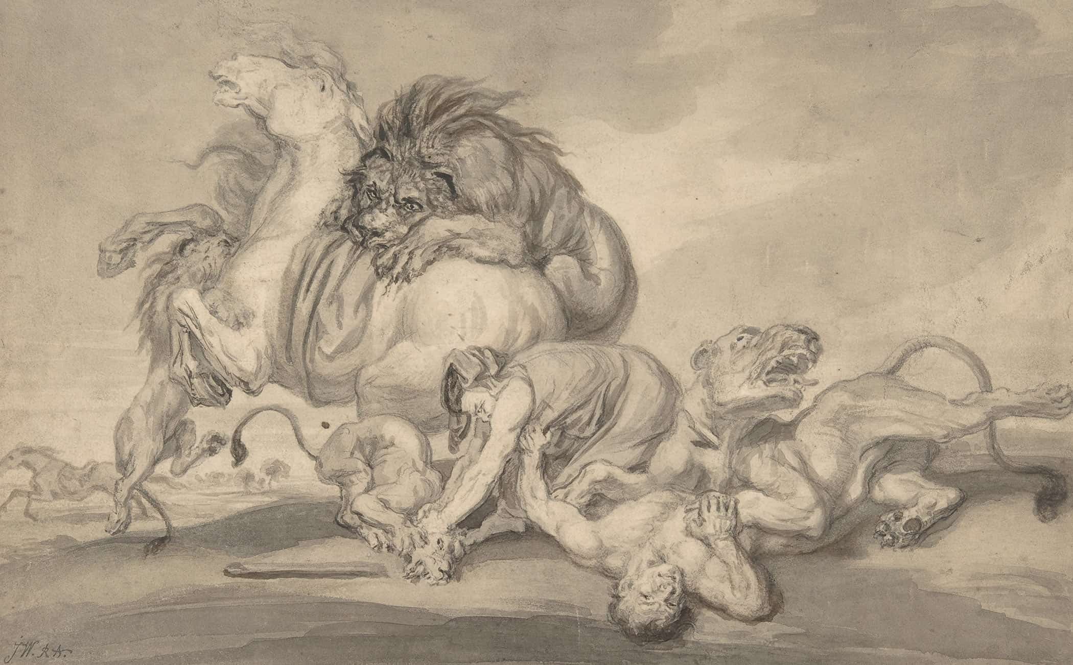 Lions Attacking Two Men And A Horse   by James Ward