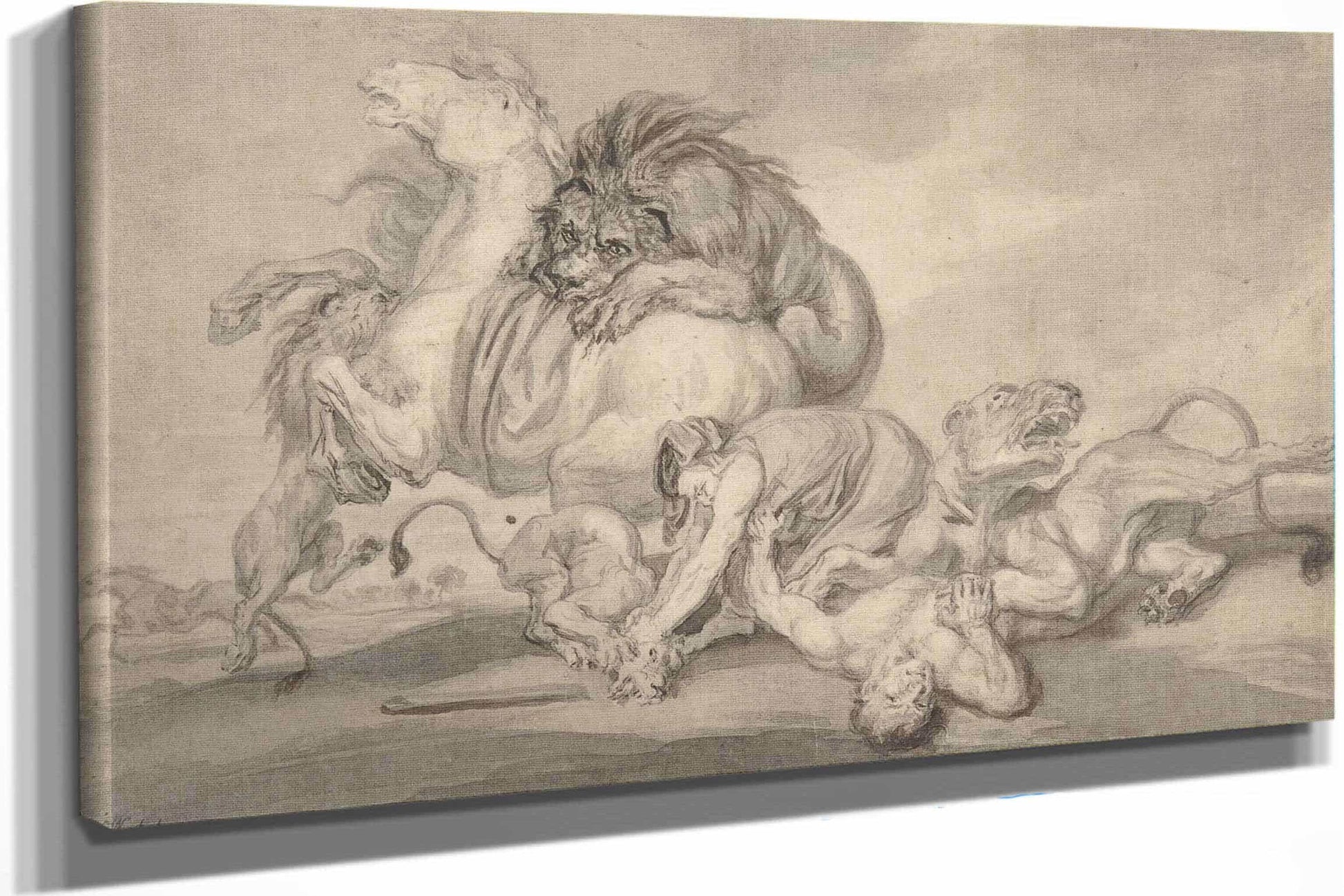 Lions Attacking Two Men And A Horse   by James Ward