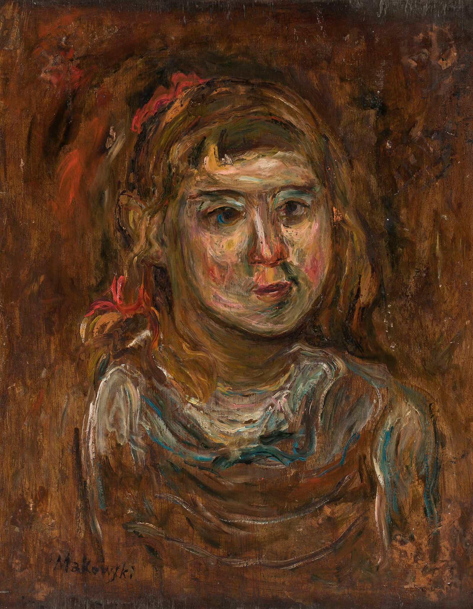 Little Girl With A Red Ribbon by Tadeusz Makowski